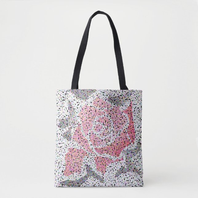 Abstract mosaic flower rose pink white grey floral tote bag (Front)