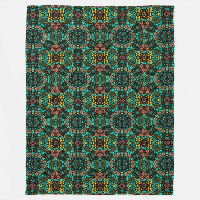 Abstract mosaic kaleidoscopic floral flowers black fleece blanket (Front)
