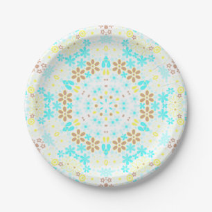 Abstract mosaic kaleidoscopic floral flowers white paper plate