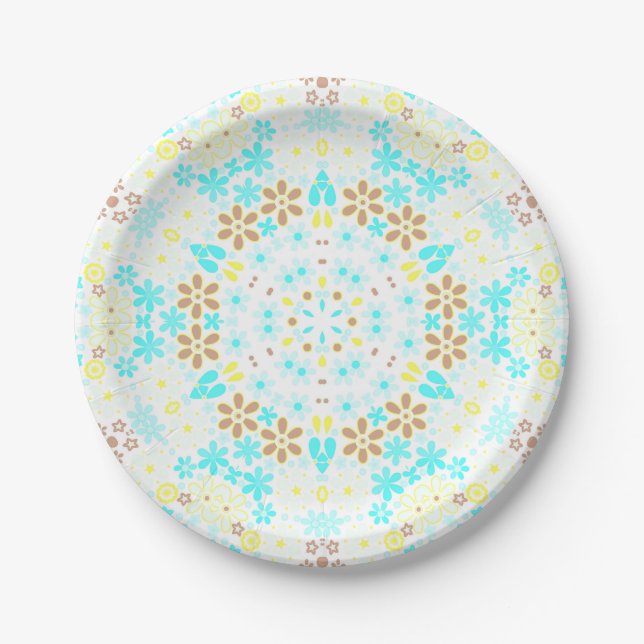 Abstract mosaic kaleidoscopic floral flowers white paper plate (Front)