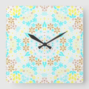 Abstract mosaic kaleidoscopic floral flowers white square wall clock