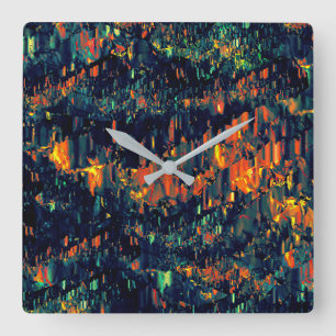 Abstract mosaic of displaced campfire on greenish  square wall clock