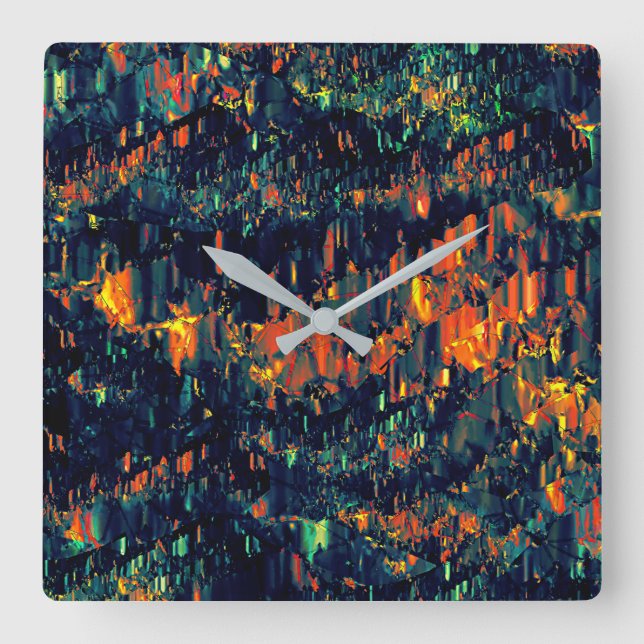 Abstract mosaic of displaced campfire on greenish  square wall clock (Front)