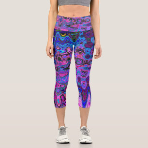 Abstract Mosaic Pink and Blue Wavy Retro Capri Leggings