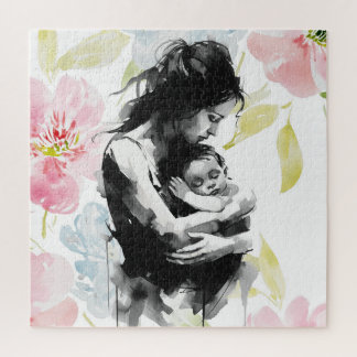 Abstract Mother and Child ink and watercolor Jigsaw Puzzle