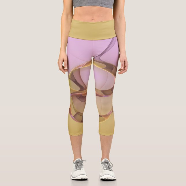 Abstract Motions Modern Pink Golden Fractal Art Capri Leggings (Front)