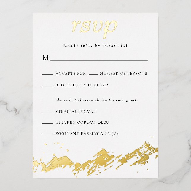 Abstract Mountain Gold on White Wedding RSVP Foil Invitation Postcard (Front)