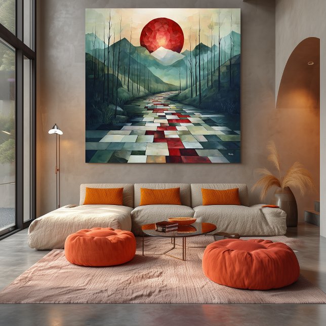 Abstract Mountain Path with Red Sun and Geometric  Canvas Print (Creator Uploaded)