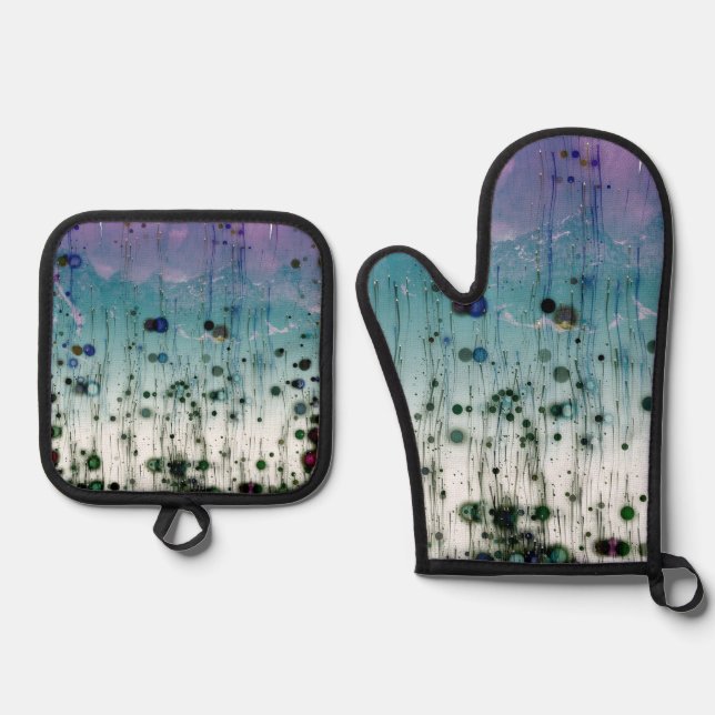 Abstract Mountains Aqua Purple & Black Oven Mitt & Pot Holder Set (Front)