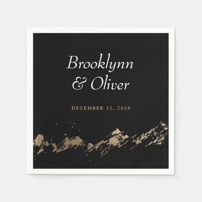 Abstract Mountains Black & Gold Couples Names Napkin (Front)