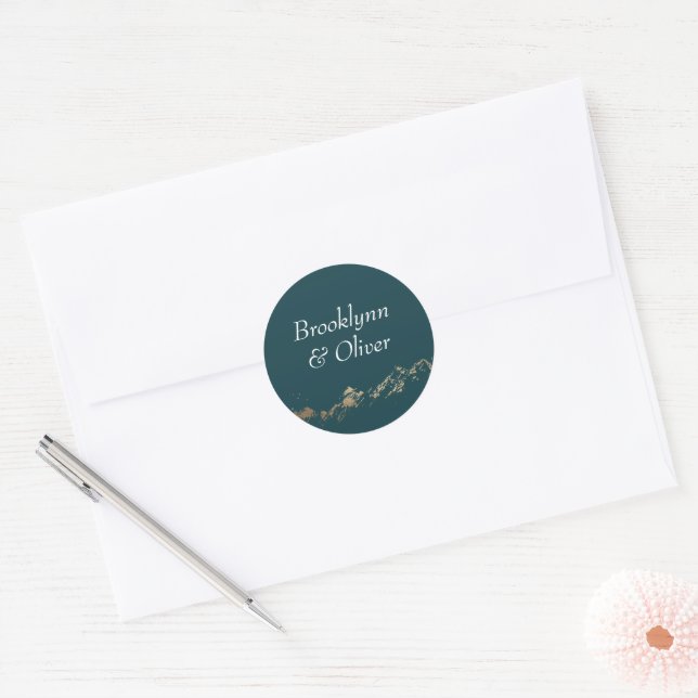 Abstract Mountains Dark Green & Gold Couple Names Classic Round Sticker (Envelope)