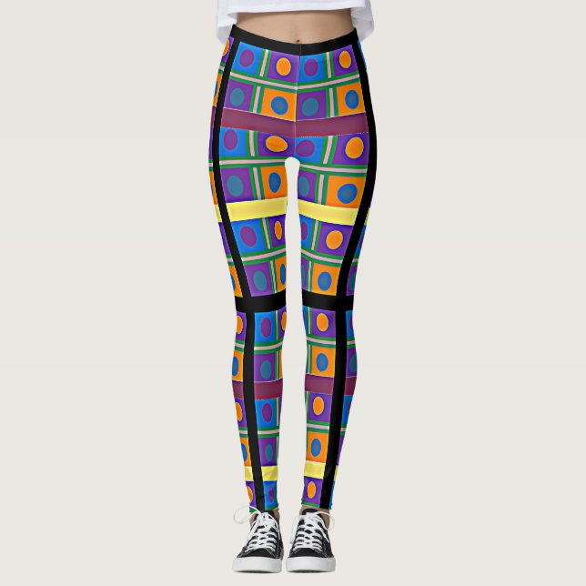 Abstract Multicolor Pattern with Squares and Dots Leggings (Front)