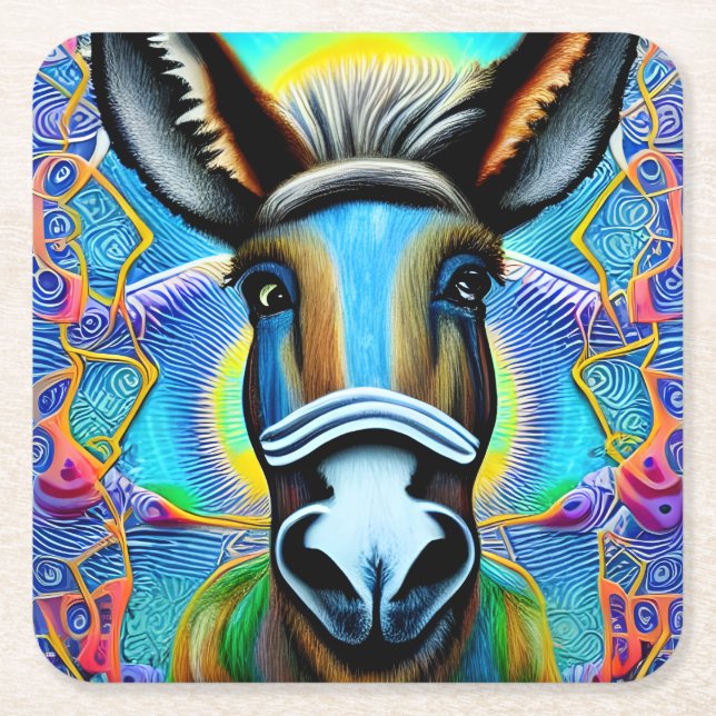 Abstract Multicolored Little Donkey Square Paper Coaster (Front)
