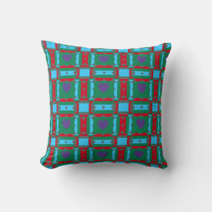 Abstract Multicolored Pattern with Blue Hearts Cushion