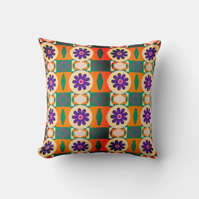 Abstract Multicolored Pattern with Purple Flowers Cushion (Front)