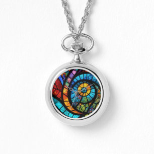 Abstract Multicolored stainglass watch necklace 