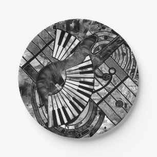 Abstract Music Art - Grayscale Mixed Textures Paper Plate