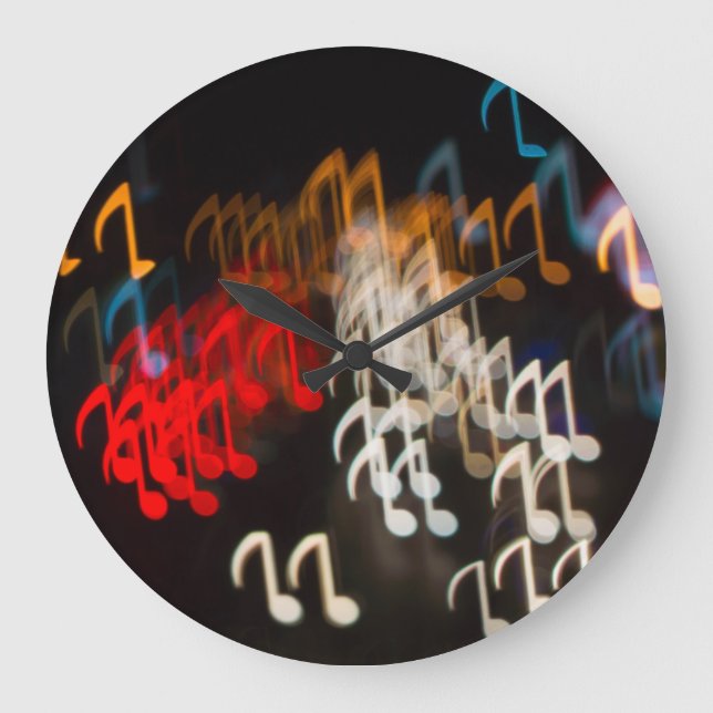 Abstract music notes: lights bokeh background large clock (Front)