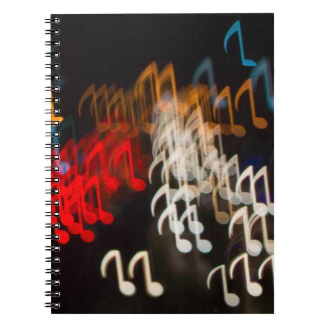 Abstract music notes: lights bokeh background notebook (Front)