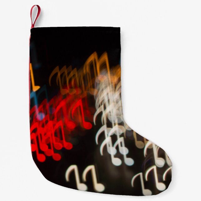 Abstract music notes: lights bokeh background small christmas stocking (Front)