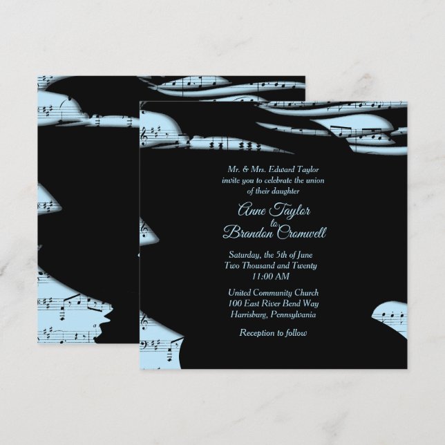 Abstract Music Theme Wedding Invitation Blue (Front/Back)