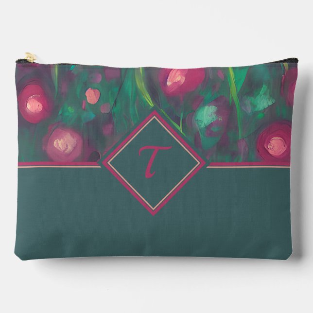 Abstract muted red roses monogram accessory pouch (Front)