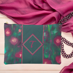 Abstract muted red roses monogram accessory pouch