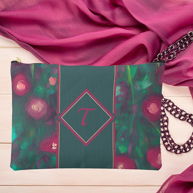 Abstract muted red roses monogram accessory pouch (Creator Uploaded)