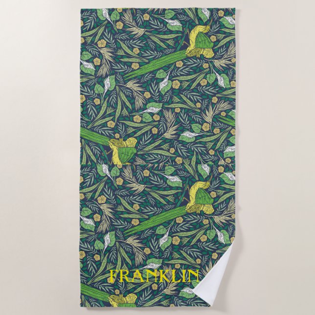 Abstract Named Greens & Flower Pattern Beach Towel (Front)