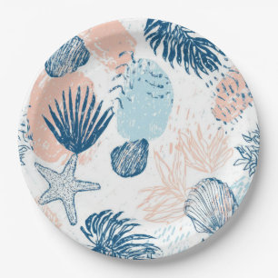 Abstract Nautical Beach Blue Peach Distressed (1) Paper Plate