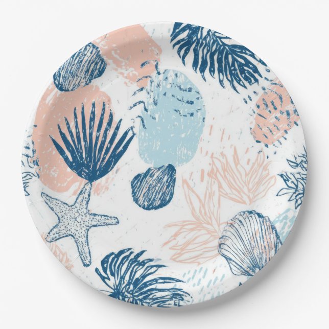 Abstract Nautical Beach Blue Peach Distressed (1) Paper Plate (Front)