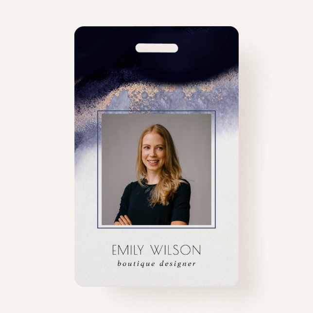 Abstract Navy Black Gold Watercolor Wash Photo ID Badge (Front)