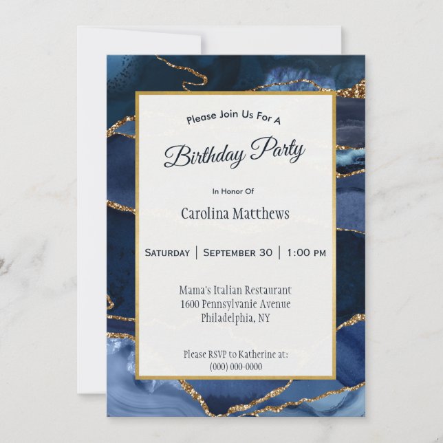 Abstract Navy Blue Agate Watercolor Birthday Invitation (Front)