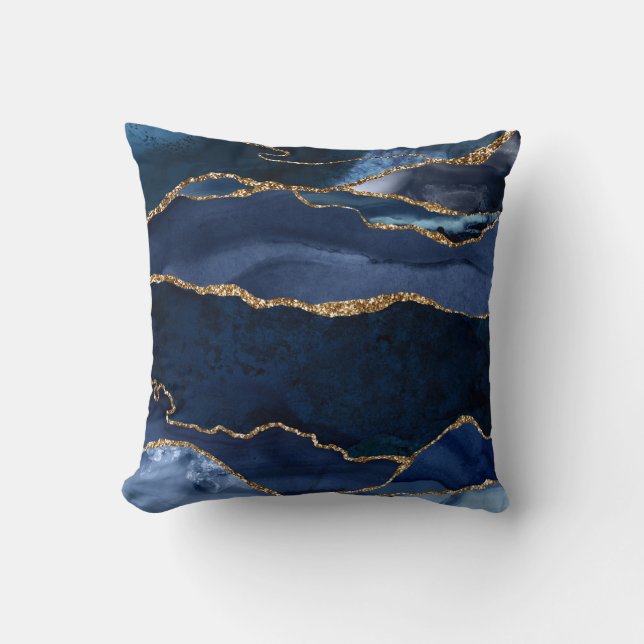 Abstract Navy Blue Agate Watercolor Cushion (Front)