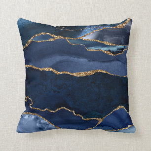 Abstract Navy Blue Agate Watercolor Cushion