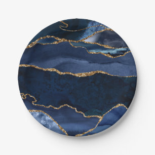 Abstract Navy Blue Agate Watercolor Paper Plate