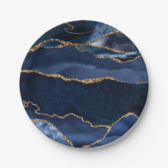 Abstract Navy Blue Agate Watercolor Paper Plate (Front)