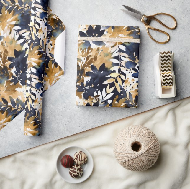 Abstract Navy Blue Flowers & Tan Leaves Wrapping Paper (Crafts)