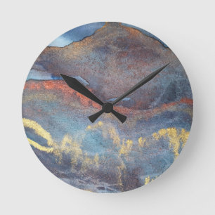  Abstract Navy Blue Gold Watercolor Elegant Modern Round Clock
