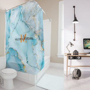 Abstract Navy Blue Marble Orange Monogram Elegant Shower Curtain