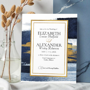 Abstract Navy Blue Watercolor Gold Frame Wedding