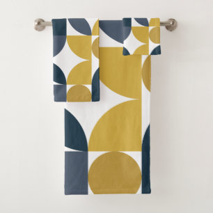 Abstract Navy Mustard Geometric Pattern Bath Towel Set