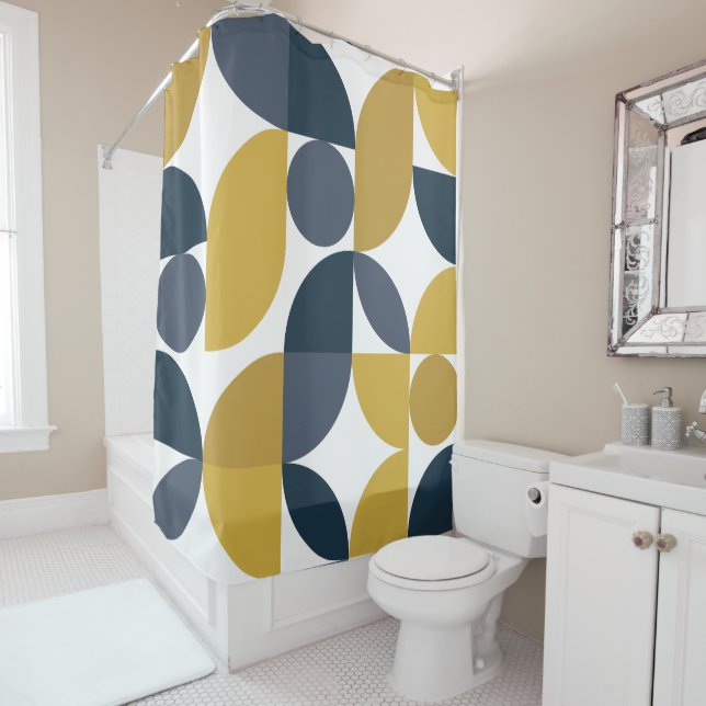Abstract Navy Mustard Geometric Pattern Shower Curtain (In Situ)