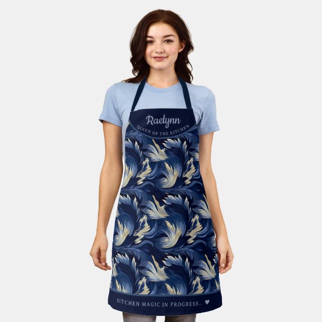 Abstract navy queen of the kitchen  personalised  apron (Worn)