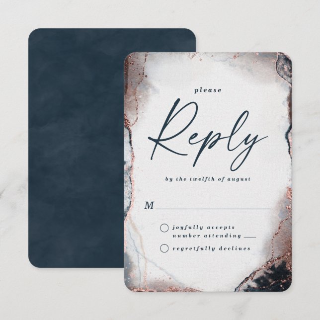 Abstract Navy & Rose Gold Wedding RSVP Reply Card (Front/Back)