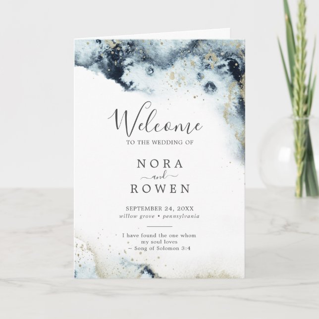 Abstract Navy Watercolor Folded Wedding Programme (Front)