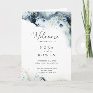 Abstract Navy Watercolor Folded Wedding Programme