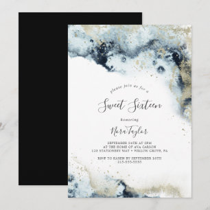 Abstract Navy Watercolor Sweet Sixteen Birthday Invitation
