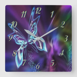 Abstract Neon Blue Purple Butterfly Fractal Art Square Wall Clock