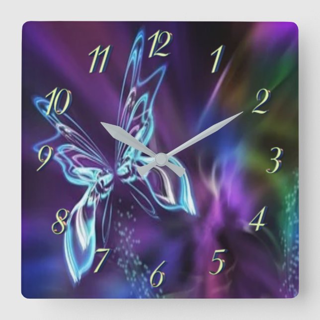 Abstract Neon Blue Purple Butterfly Fractal Art Square Wall Clock (Front)